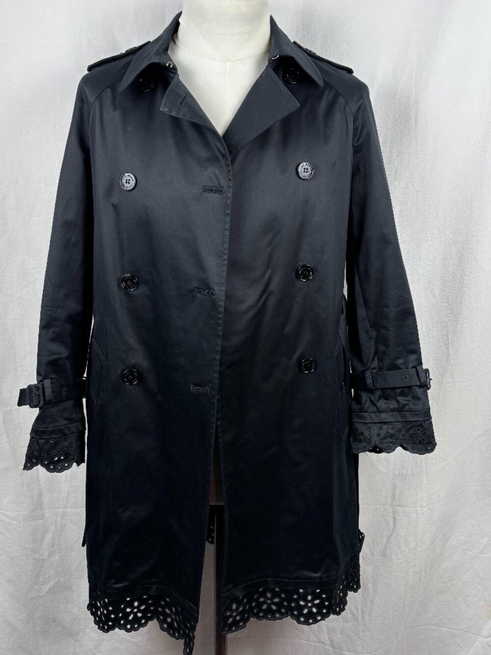 Love Moschino Black Trench Coat Eyelet Hem Belted Jacket IT 42 US 8